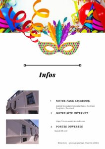 Image de masque de carnaval - couverture de la gazette trimestrielle N°6 de l'école secondaire spécialisée Sainte-Gertrude à Brugelette