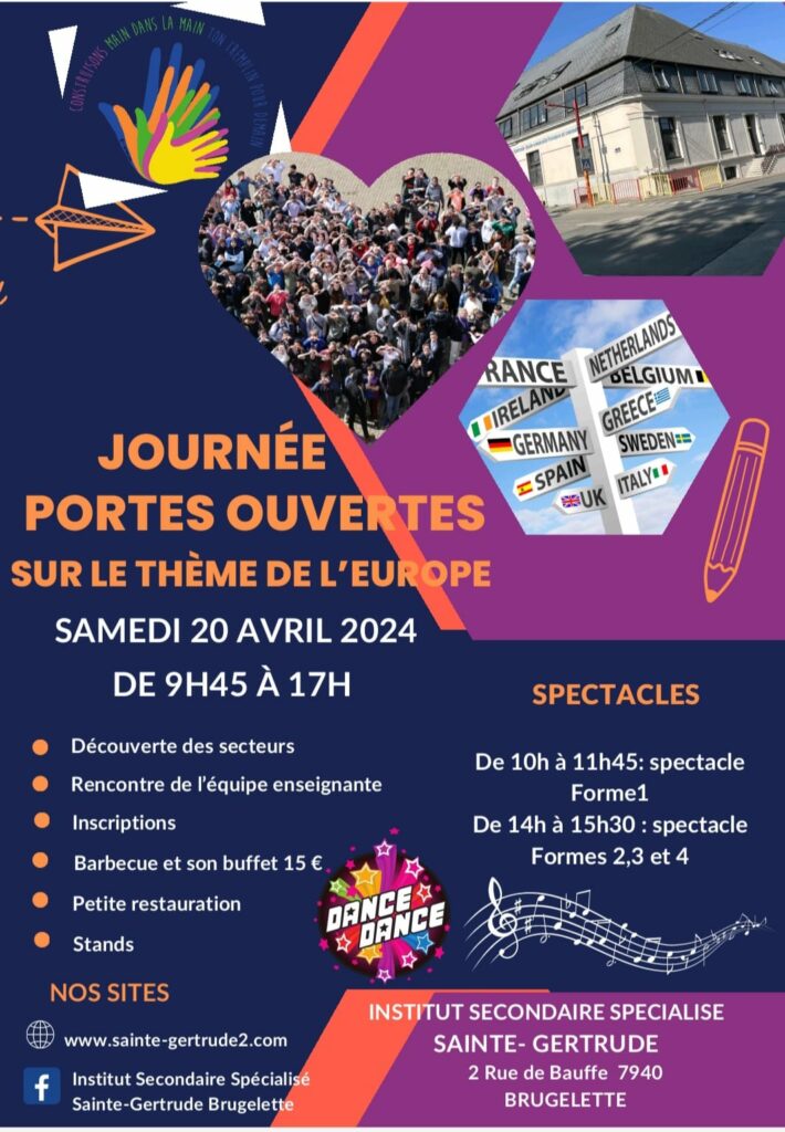 Affiche journée portes ouvertes 2024 de l'école secondaire spécialisée Sainte-Gertrude à Brugelette