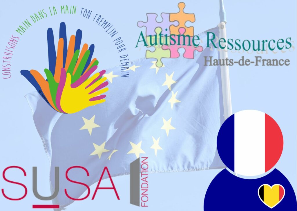 Rencontre européenne des initiatives inclusives aux écoles Sainte-Gertrude. Logos des écoles Sainte-Gertrude, d'Autisme Ressources Hauts-de-France, du SUSA et de l'AFrESHEB sur fond de ciel bleu avec drapeau européen